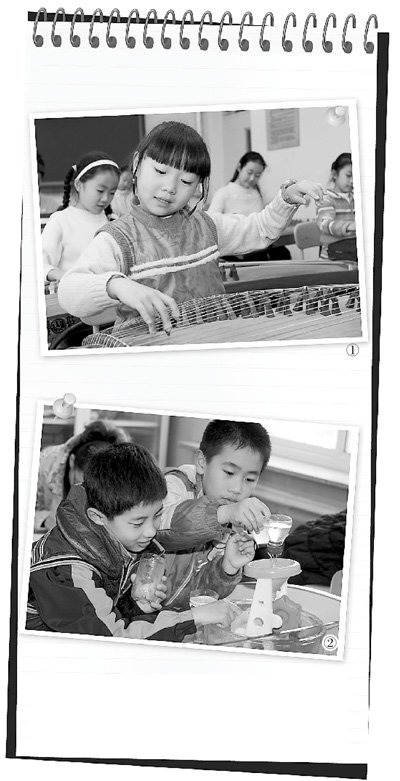 　圖1：鐵路五小古箏社團的孩子們正在演奏《高山流水》，圖2：科學課上，孩子們正在探索水的秘密。