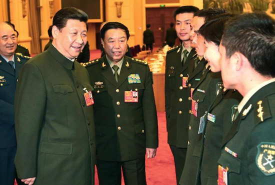 中共中央總書記、中共中央軍委主席習(xí)近平出席十二屆全國(guó)人大一次會(huì)議解放軍代表團(tuán)全體會(huì)議并發(fā)表重要講話。