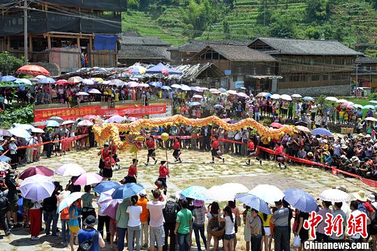 圖為當(dāng)?shù)丶t瑤民眾舞起長(zhǎng)龍祈求風(fēng)調(diào)雨順。中新社發(fā) 韋吉陽 攝