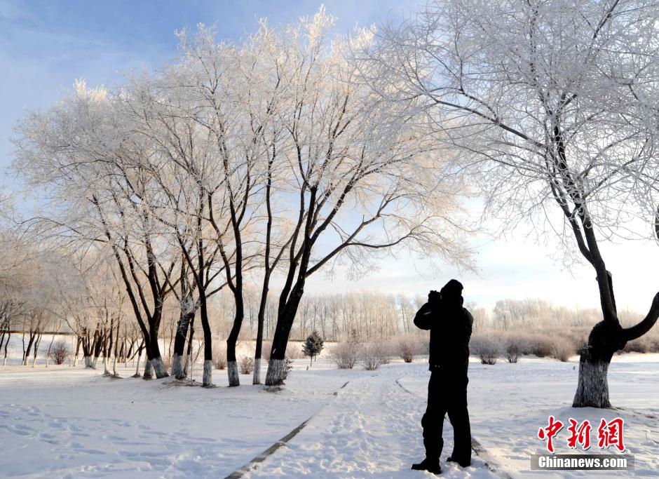 12月10日,受降溫天氣影響,黑河市黑龍江江畔出現綿延數公里的霧凇景觀。