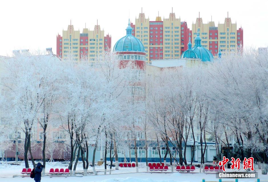 12月10日,受降溫天氣影響,黑河市黑龍江江畔出現綿延數公里的霧凇景觀。