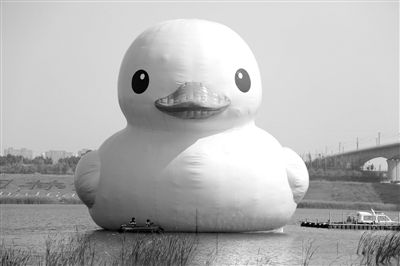 昨日，經(jīng)過(guò)連夜修正，大黃鴨的嘴部已恢復(fù)變寬，和在香港展出時(shí)看起來(lái)一樣。