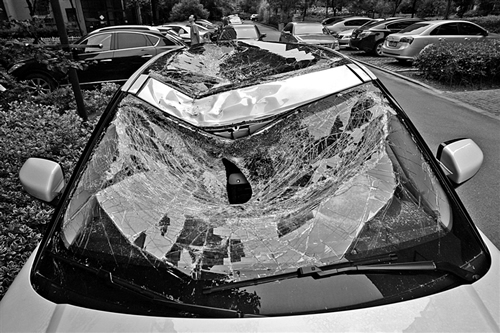越野車車蓋以及前擋風(fēng)玻璃被砸得凹陷進(jìn)去。見(jiàn)習(xí)記者姚卡/攝