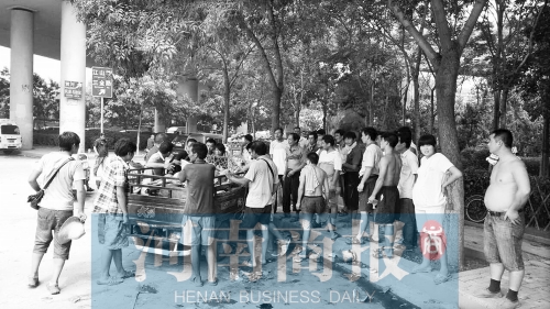 北環(huán)南陽路立交橋下，瓜農(nóng)小秦被打后，附近瓜農(nóng)紛紛圍了上來