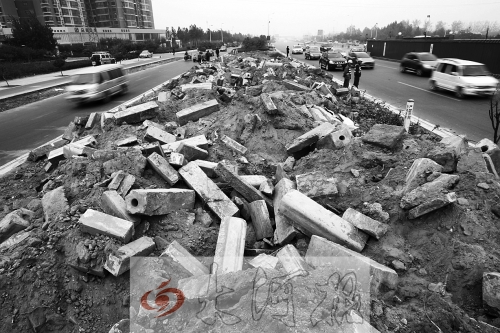 中州大道部分路段，綠化帶成了垃圾場。
