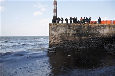 昨日，山東青島，清污人員正在海邊清理油污。