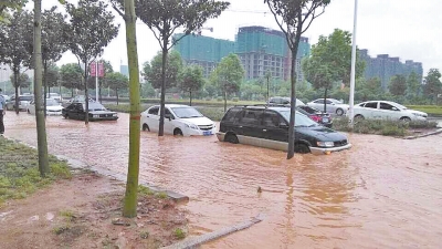昨日，信陽(yáng)突降暴雨，路面積水已淹沒(méi)輪胎。首席記者 何正權(quán) 通訊員 楊小燕 攝影