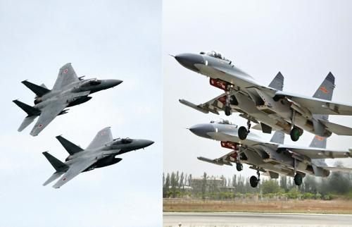 29日，中國空軍查證了進入東海防空識別區(qū)的美日軍機，左圖為進入防空識別區(qū)的日本F-15戰(zhàn)機(資料圖)，右圖為當天起飛的中國殲-11飛機(資料圖)。