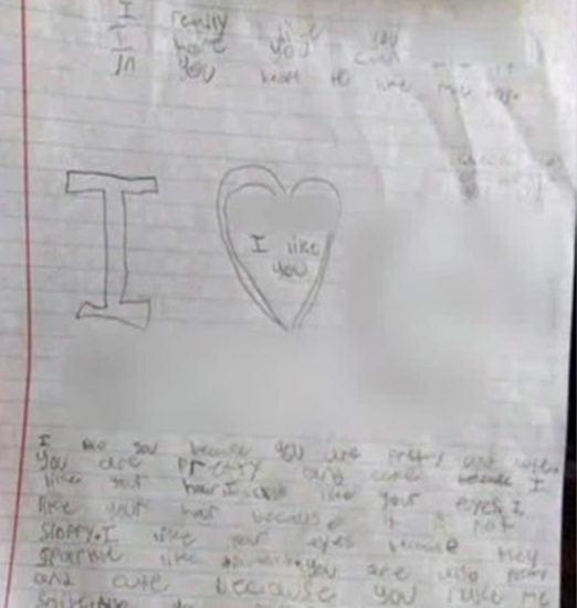 9歲男童給同伴女同學(xué)寫的情書。