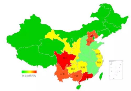 端午期間省域擁堵情況。來源：交通部聯(lián)合其他機構(gòu)發(fā)布的《2018年端午全國公路網(wǎng)出行預測報告》。