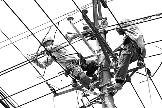 昨日中午，安陽(yáng)市供電公司配電運(yùn)維專業(yè)團(tuán)隊(duì)的工作人員在維修線路
