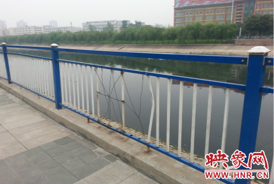 公園內(nèi)多個護欄中間的鋼筋條不翼而飛，僅僅是用幾根細細鐵絲纏住。