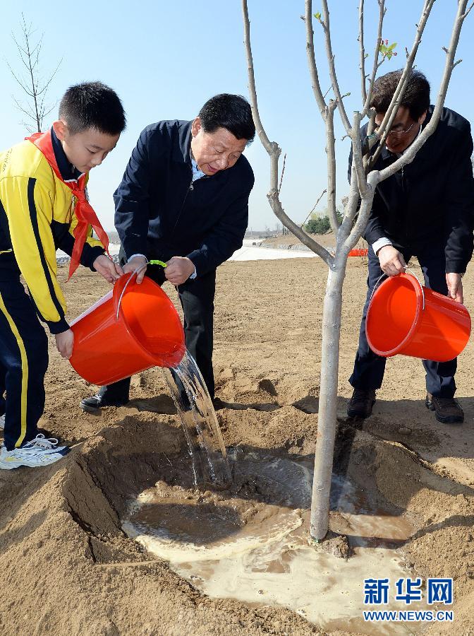 這是習近平同大家一起給剛栽下的樹苗澆水。