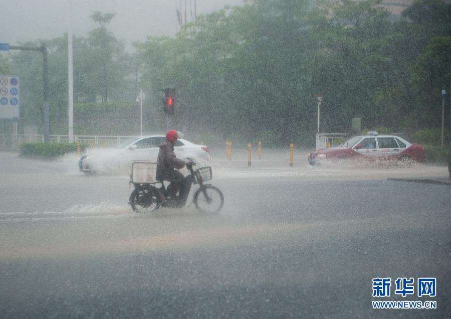 5月11日，車輛在深圳西麗留仙大道涉水前行。