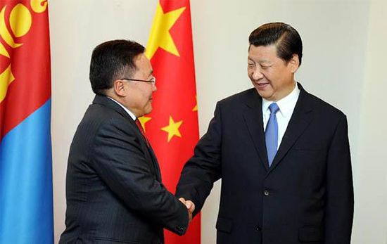 去年9月12日，國(guó)家主席習(xí)近平在比什凱克會(huì)見蒙古國(guó)總統(tǒng)額勒貝格道爾吉。 新華社記者謝環(huán)馳攝