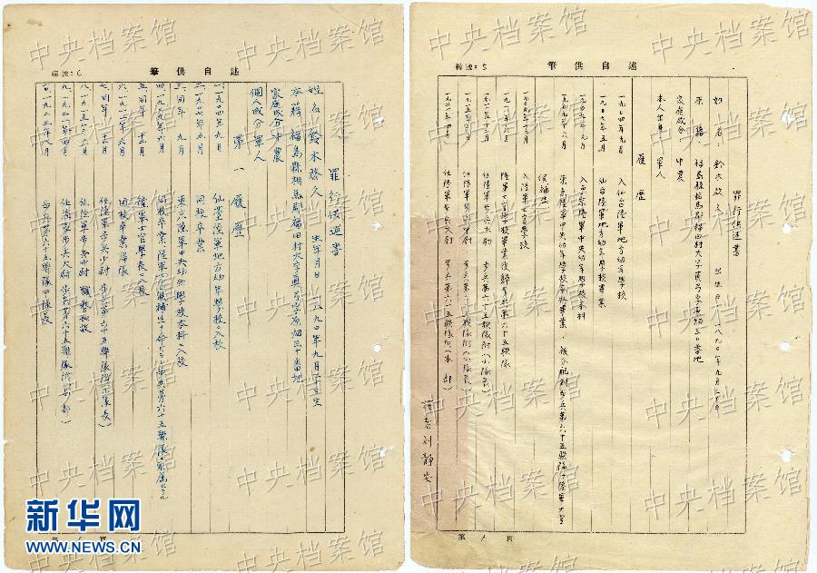 這是日本戰(zhàn)犯鈴木啟久的部分筆供原文（左圖）和鈴木啟久筆供的中文譯文（右圖）。