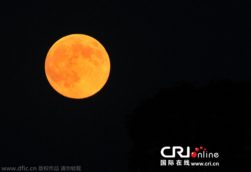 8月10日晚，一輪金燦燦的大月亮在遼寧省大連市東方升起。圖片來源：劉德斌/東方IC