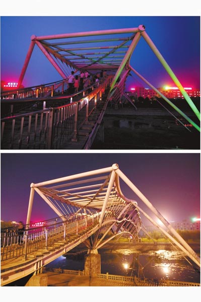花園路西側(cè)東風(fēng)渠景觀橋，上圖攝于7月31日晚間，下圖攝于10月9日晚間。