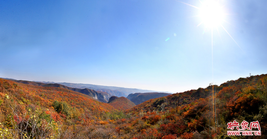 山頂遠(yuǎn)眺，紅葉已經(jīng)綻放出絢麗的色彩