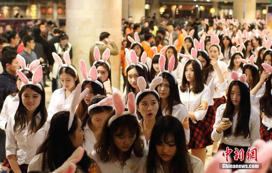 11月11日晚，一百位統(tǒng)一打扮的“兔女郎”現(xiàn)身南京新街口，逛街看電影玩快閃，走到哪里都被圍觀。