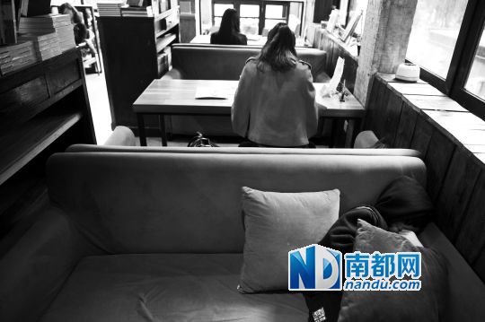 12月12日上午，不打烊書店里，12歲的楊東吃完午飯后抱著抱枕蜷在沙發(fā)里睡覺(jué)。